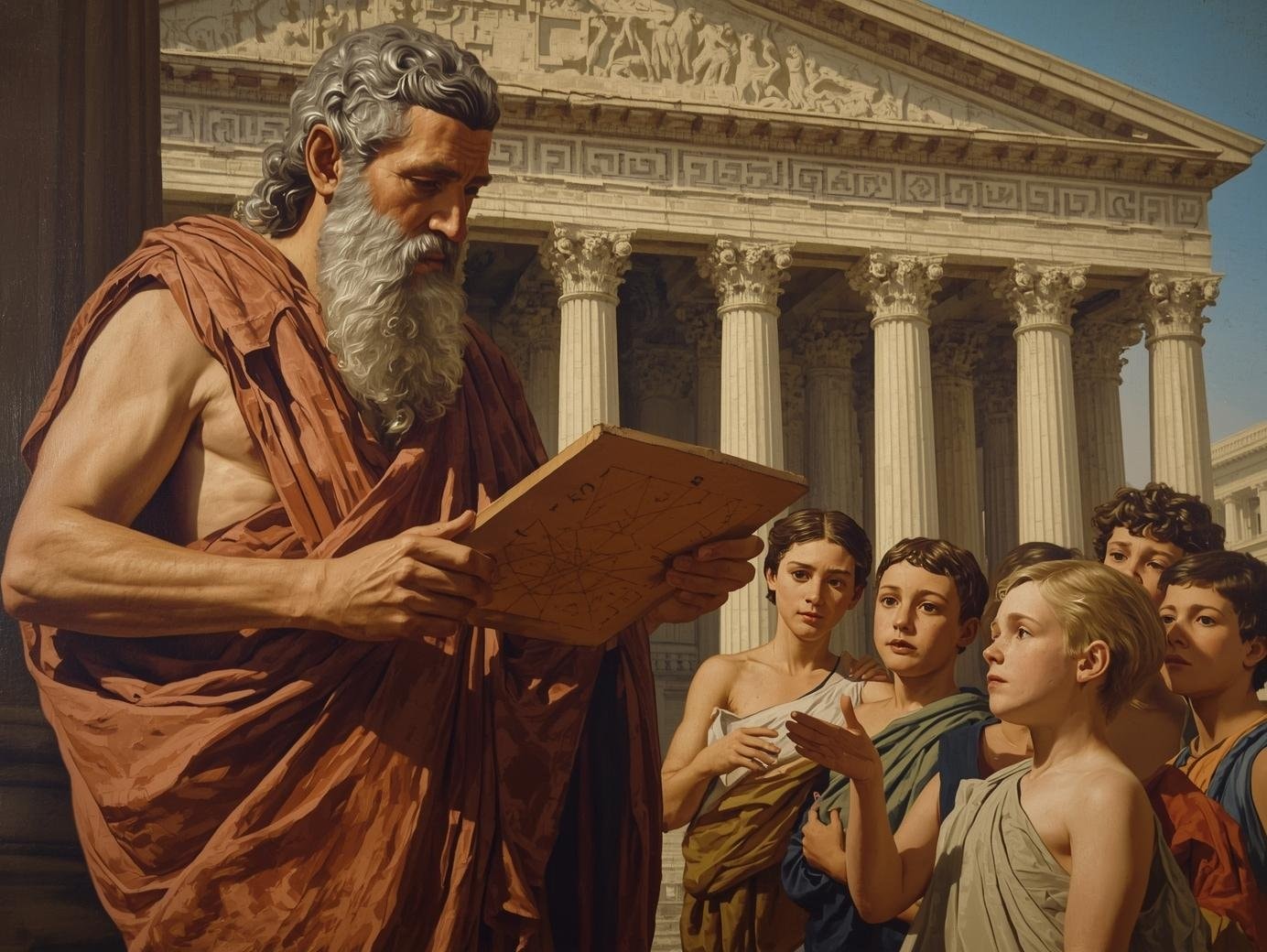 Pythagoras-v-detailu-na-pozadi-Pantheonu-ma-v-ruce-hlinenou-desticku-a-vysvetluje-klukum-na-ulici-matematiku-detailni-zaber-styl-malba